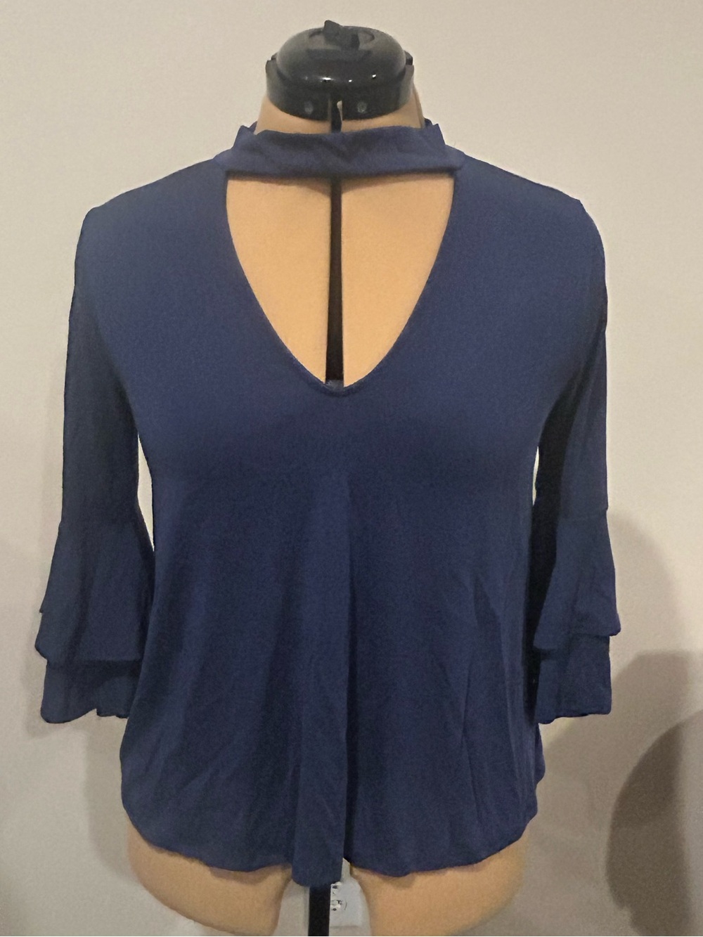 miami Navy Keyhole V-Neck Bell Sleeve Blouse- Size XS